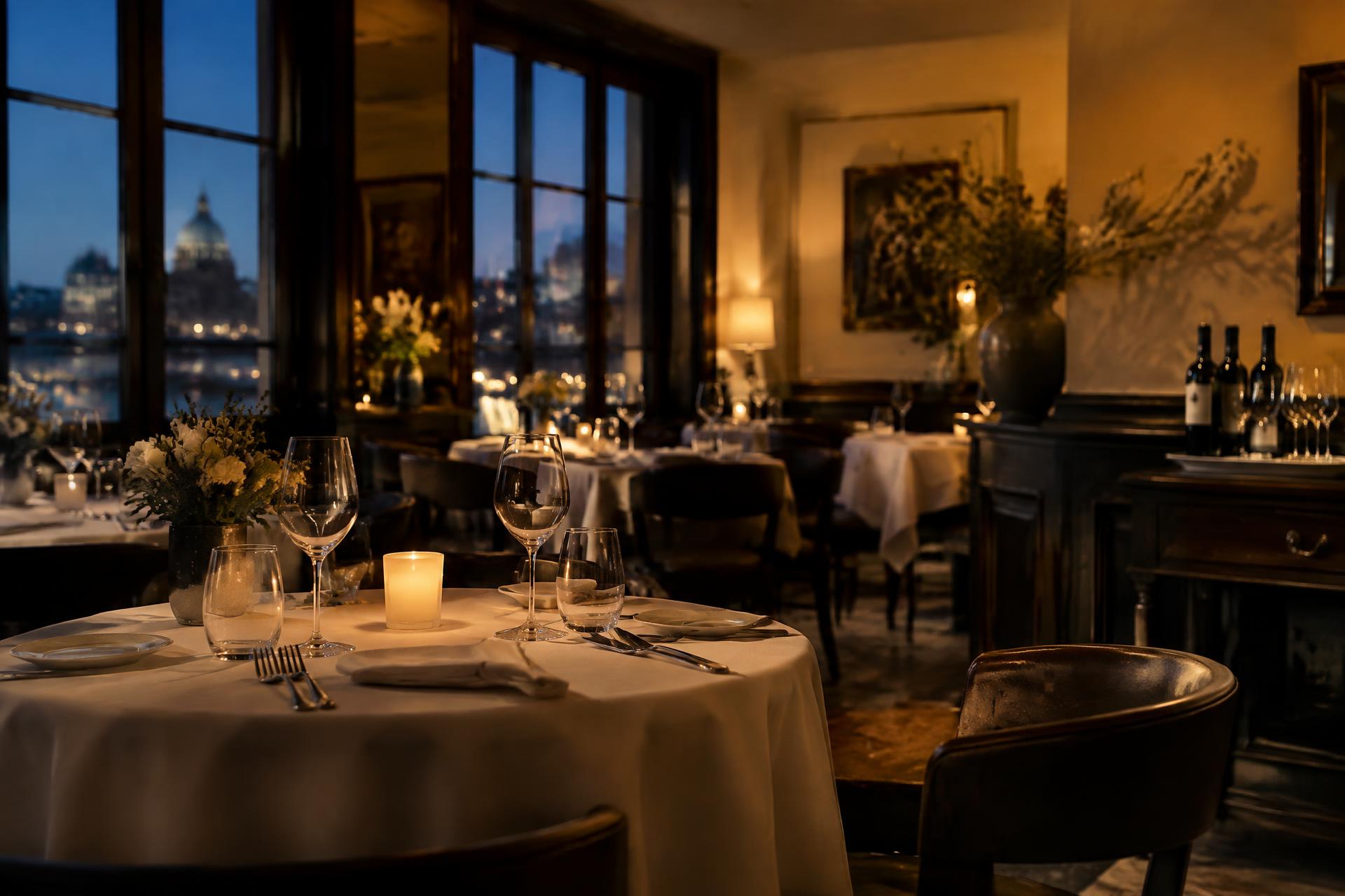 Gedeckter Tisch im Restaurant Exemple bei Kerzenlicht